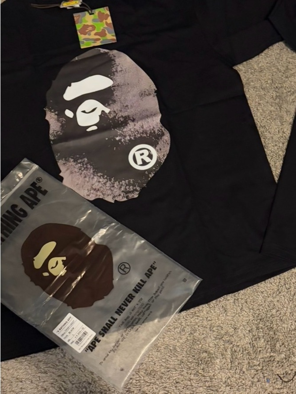 Bape Black Long Sleeve Tee with Grey Ape Head Graphic